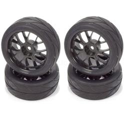 1/10 On-road Black Mesh Wheels & V Tread Rubber Tire Set